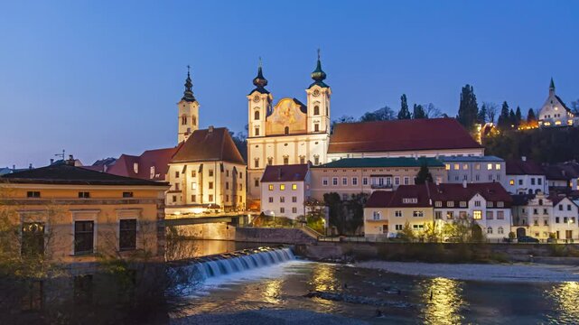 Day to night transition hyper lapse Steyr old town, Upper Austria