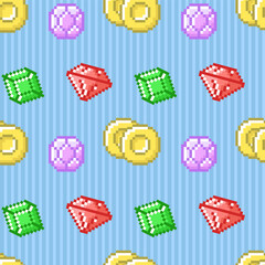 Seamless game pattern of gemstones of different colors in pixel style on blue background