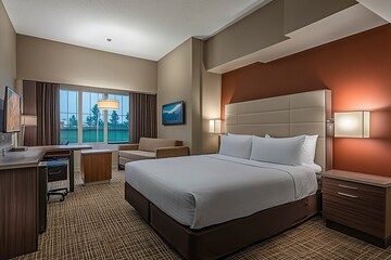 Fototapeta premium Professional interior photograph of a modern hotel room with a double bed, brown walls, and a white ceiling. A desk is situated in the corner, and a large window provides ample natural lighting.