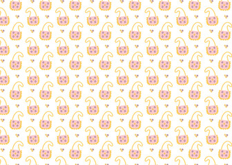 Girly background with seamless pattern of pink flower purses and yellow floral motifs. Vector design with cute handbags and decorative elements for kids and fashion themes. 