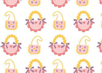 Seamless pattern with pastel girly purses and handbags. Hand drawn cartoon accessories with bows, frills, and flowers. Vector background for fabric, packaging, or kids’ design. 
