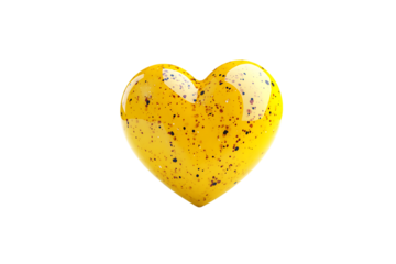 Transparent background of a glossy yellow heart shaped object with smooth surface.