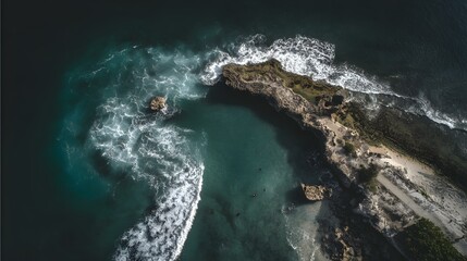 foam pattern crashing against a rocky shore