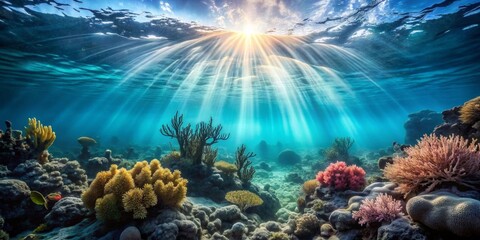 Sunbeams Illuminate Vibrant Underwater Coral Reef Ecosystem with Diverse Marine Life