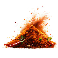 Heap of freshly ground aromatic paprika spice powder with vibrant orange red color piled against a white background