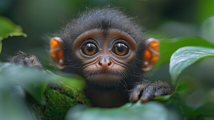 Fototapeta premium Close-up of a curious young monkey peeking through lush green foliage in a tropical forest