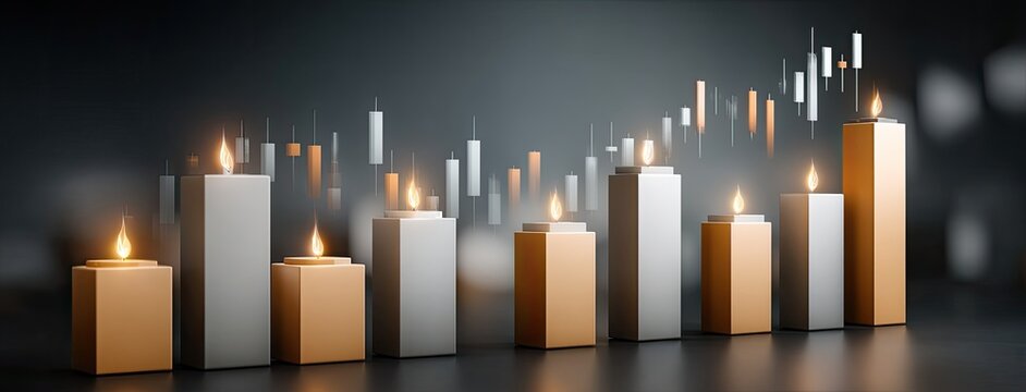 Candlestick chart shows financial trends in technology and agriculture with a blue gradient background highlighting growth and declines