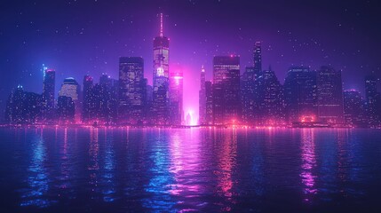 Fototapeta premium City Skyline at Night Reflected in Water with Neon Lights