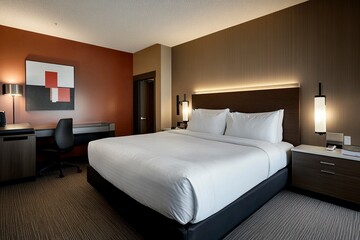 Small modern hotel room with a large bed, brown walls, and a white ceiling. Light gray carpet covers the floor. A desk stands in front of the wall, with bedside tables and a small table next to it. 