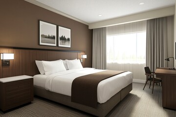 Fototapeta premium Small modern hotel room with a large bed, brown walls, and a white ceiling. Light gray carpet covers the floor. A desk stands in front of the wall, with bedside tables and a small table next to it. 