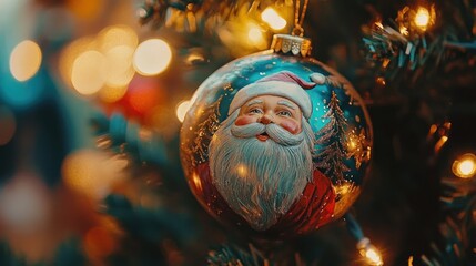 Obraz premium Festive Santa Ornament on Christmas Tree (1)