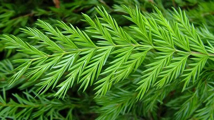 Fototapeta premium Vibrant Green Conifer Branch Closeup Detailed Texture