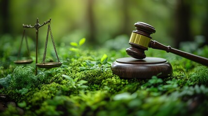environment law green world and gavel with scales of justice on the green law for principles of sustainable environmental conservation law that governs how humans interact with their e generative ai