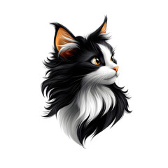 Close up portrait of a fluffy long haired domestic cat with striking black and white fur large eyes and pointed ears