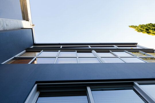 Modern building facade is rising against clear sky, showing dark blue cladding and evergreen tree