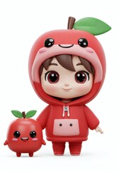 Adorable chibi character in apple costume with companion on white background
