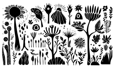 Set of black and white vector surreal contemporary minimal linocut style nature. Hand drawing minimal symbols and nature.