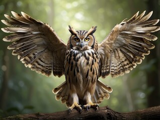 Fototapeta premium A Regal Owl in Flight, Its Eyes Fixed and Talons Outstretched