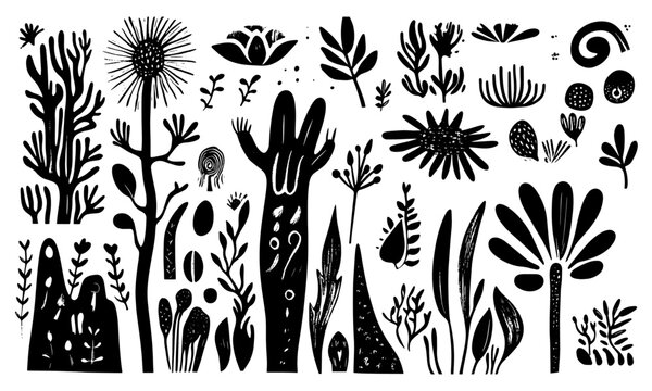 Set of black and white vector surreal contemporary minimal linocut style nature. Hand drawing minimal symbols and nature.
