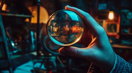 Hand holding crystal ball reflecting city lights