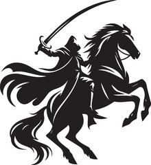 Silhouette of Medieval Warrior on Horse with Sword – Vector Art	