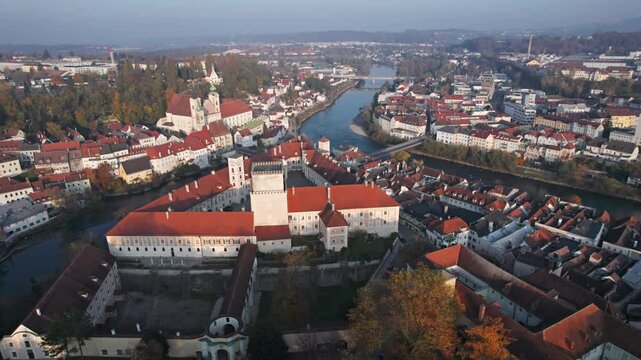 Aerial panorama of the Steyr old town, Upper Austria