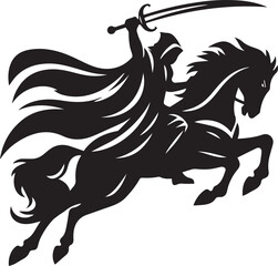 Fototapeta premium Silhouette of Medieval Warrior on Horse with Sword – Vector Art 