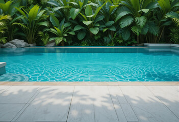 Fototapeta premium Tranquil swimming pool surrounded by lush greenery during a sunny afternoon in a tropical paradise