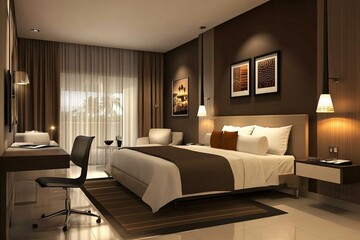 The interior of the modern hotel room features a double bed and a desk, with brown walls, white furniture, and lighting lamps on the ceiling in a dark beige color. 