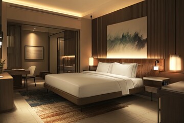 The interior of the modern hotel room features a double bed and a desk, with brown walls, white furniture, and lighting lamps on the ceiling in a dark beige color. 
