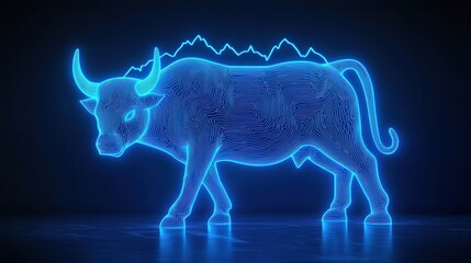 Cryptocurrency bullish up trend bull market Neon bull silhouette with digital lines and stock market graph backdrop.