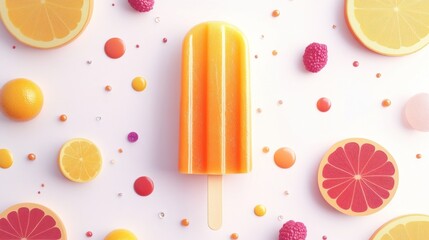 Vibrant orange popsicle surrounded by fresh citrus fruit slices and raspberries.  A summery, healthy treat