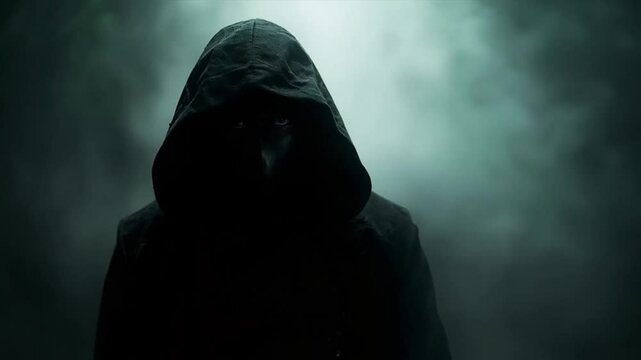 A person wearing a hoodie and standing in front of a dark background. Smooth repeating motion for background video animation