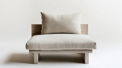 Modern, minimalist low-profile upholstered chair with light beige fabric and wooden frame