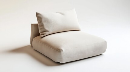 Light beige upholstered low-profile modular armchair with accent pillow