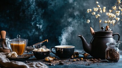 Teapot and ingredients on dark moody background