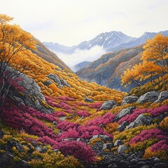 Autumnal Mountain Valley with Pink Heather