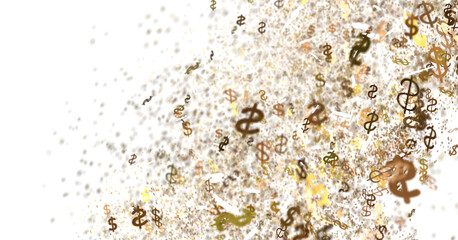 High-resolution image of gold dollar signs exploding. Perfect for finance, money, and wealth concepts.