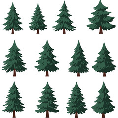 Set of Twelve Flat Vector Christmas Tree Illustrations