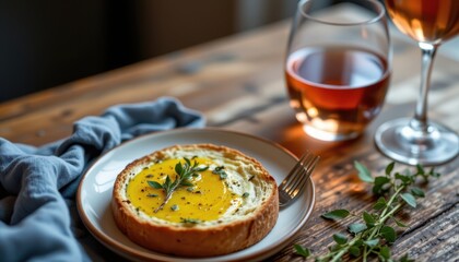A cozy setup with a slice of bread topped with olive oil and herbs next to a glass of ros&Atilde;&copy;.
