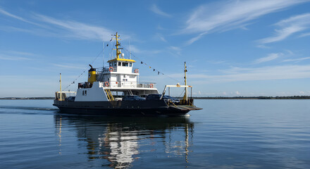 Naklejka premium White and Yellow Ferry Crossing Calm Blue Waters Under a Sunny Sky