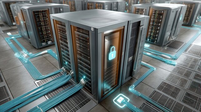 A high resolution shot of a secure server rack with glowing blue network cables and padlock icons overlaid on a dark data center floor