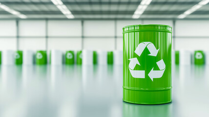 Green metal barrel with white recycling symbol stands prominently in blurred background, spacious industrial warehouse. Concept of ecology, waste management, environmental responsibility