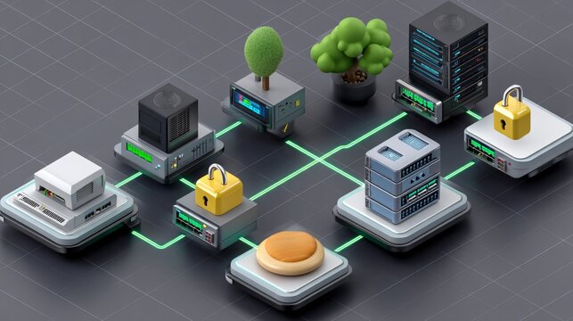 An isometric render of a corporate LAN diagram with routers switches and secure padlock nodes connected by glowing lines on dark grid