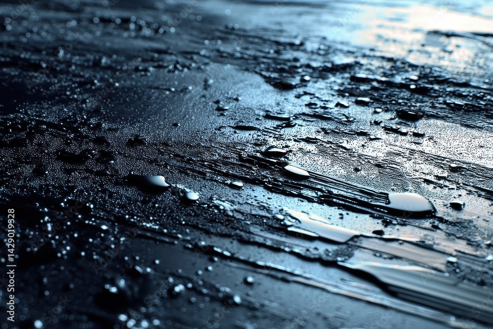 Poster Close-up View of Glossy Petroleum Surface Showing Fine Texture and Interesting Light Reflections in a Dark Setting