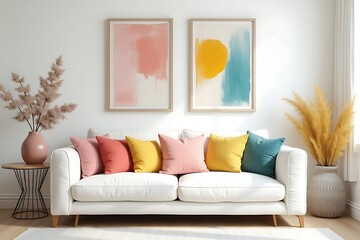 Bright Living Room with Colorful Pillows, Abstract Art, and Decorative Plants - Home Interior