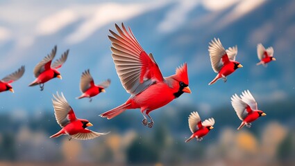flock of red jay birds