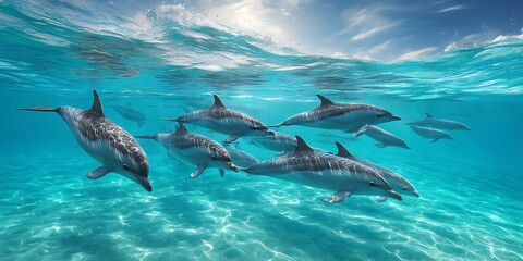 Obraz premium Playful Pod of Dolphins in Clear Waters