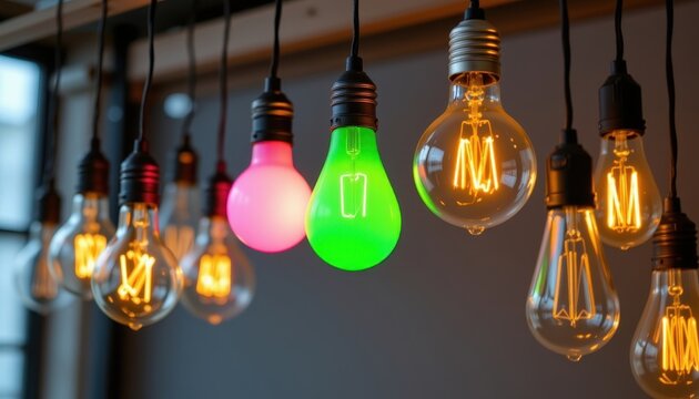 A display of light bulb designs, with one bulb glowing in an unusual color. - Powered by Adobe
