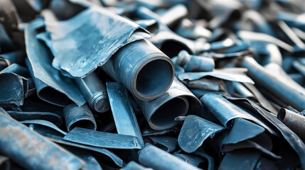 Pile of scrap lead, including rolled sheets, flattened tubes, and industrial offcuts. Concept of recycling, raw materials, heavy metals, environmental impact, and manufacturing waste